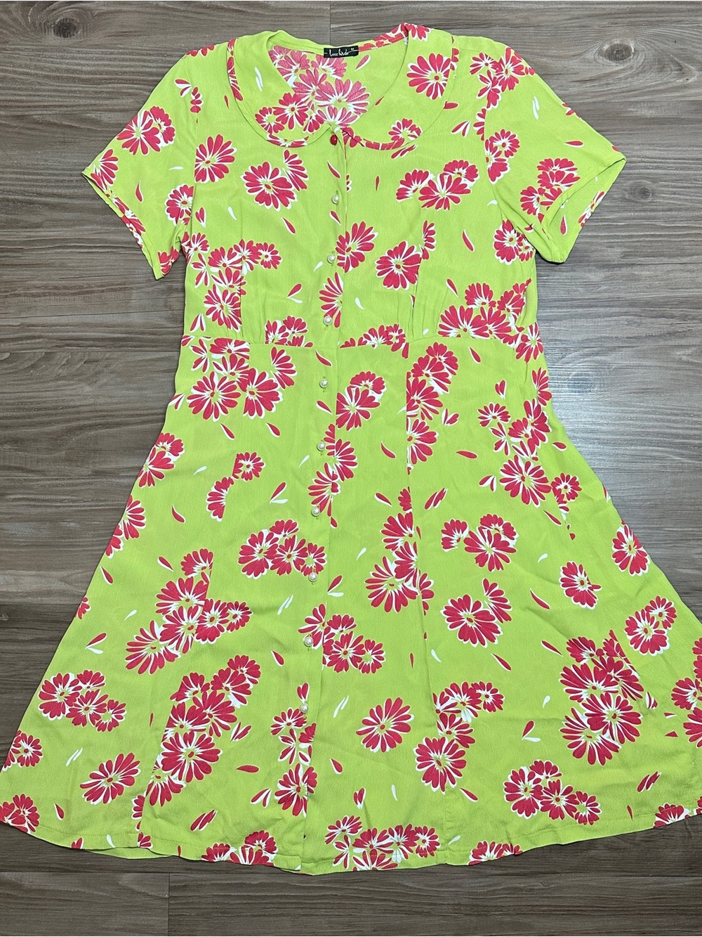 Vintage Green Loco Lindo Summer Bright Lime & Pink Floral Flare M Collared Dress